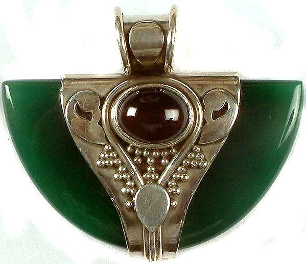 Semi-Circular Green Onyx Pendant With Garnet
