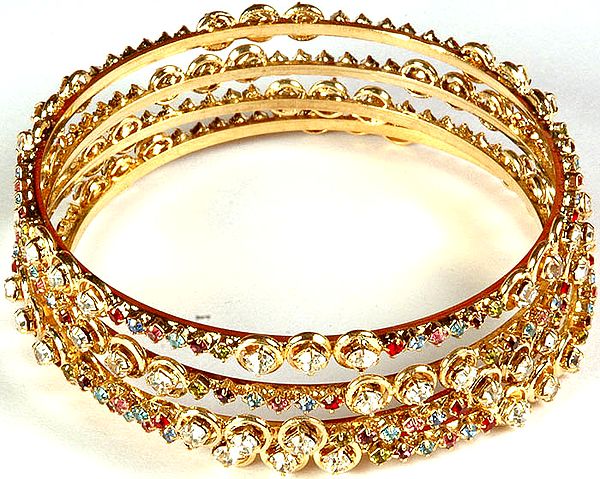 Set of Four Golden Bangles with Multi-color Cut Glass