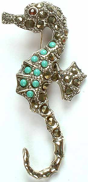 Sea Horse Brooch with Robin's Egg and Marcasite