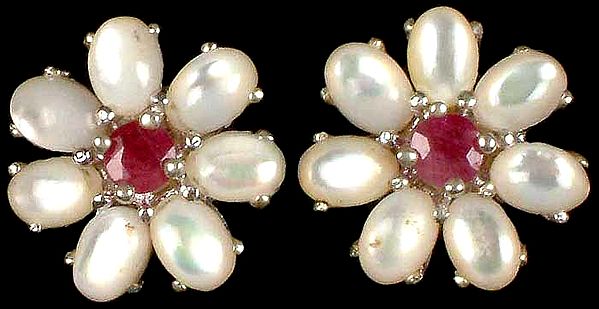 Shell Flower Earrings with Central Ruby