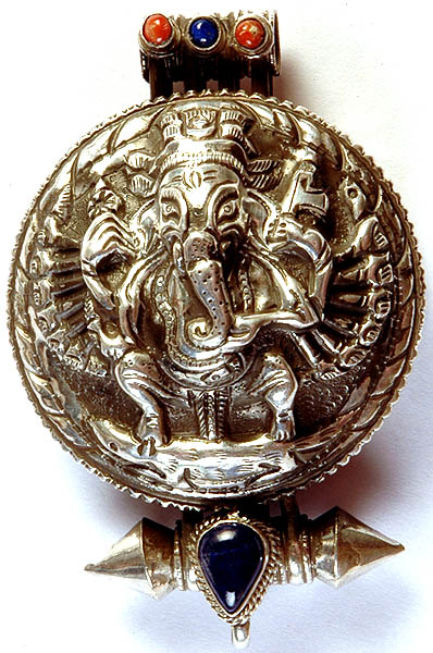 Shri Ganesha Charm Box Pendant with Coral and Lapis Lazuli