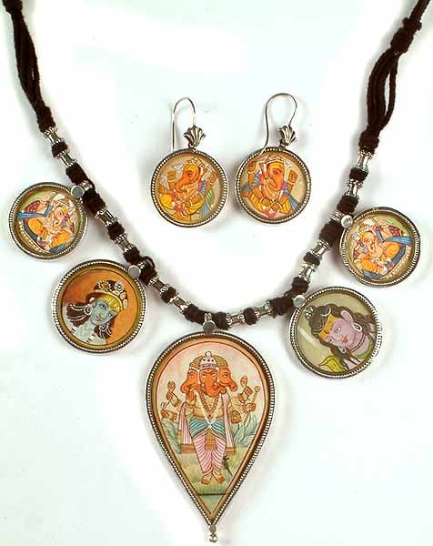 Shri Ganesha Necklace with Krishna, Shiva and Earrings Set