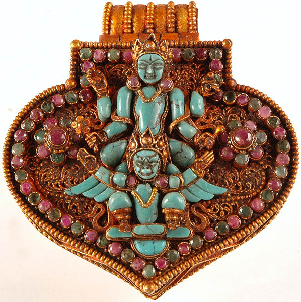 Shri Narayana Vishnu on Garuda with Goddess Lakshmi Inside (Nepalese Handcrafted Gau Box Pendant)