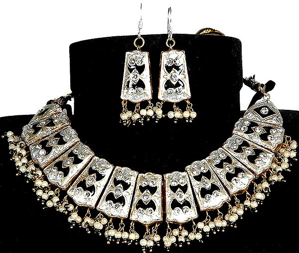 Silver and Black Beaded Necklace with Golden Accents and Earrings