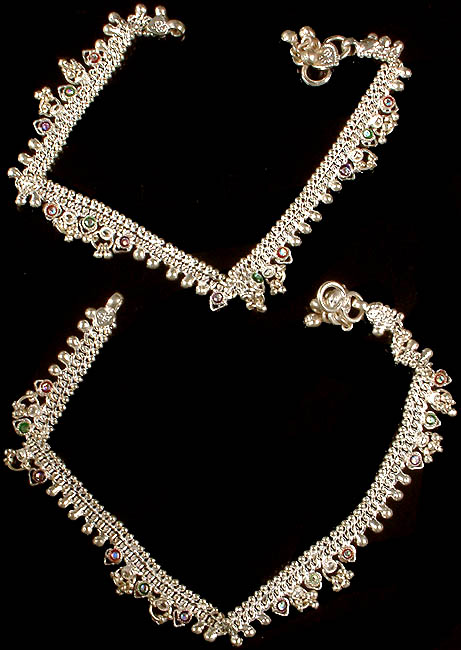 Silver Anklets with Meenakari