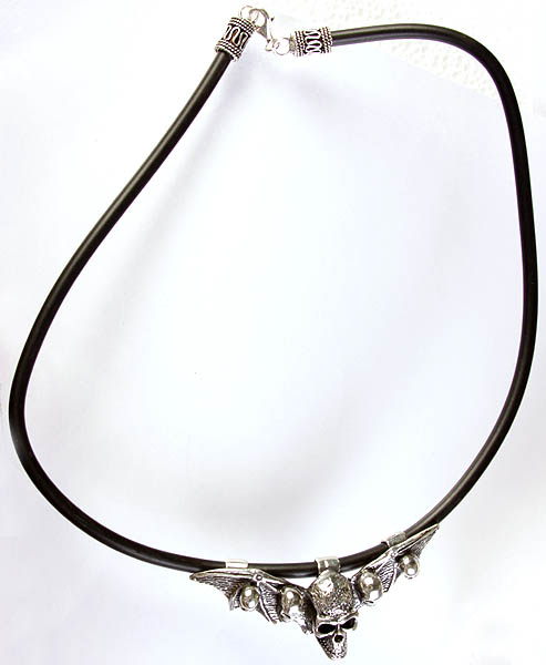 Skull with Wings Necklace with Leather