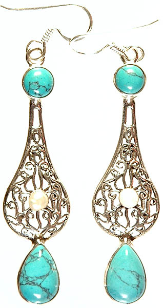 Spider's Web Turquoise and Pearl Earrings