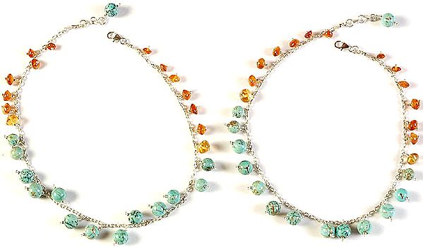 Spider's Web Turquoise Anklets with Carnelian (Price Per Pair)