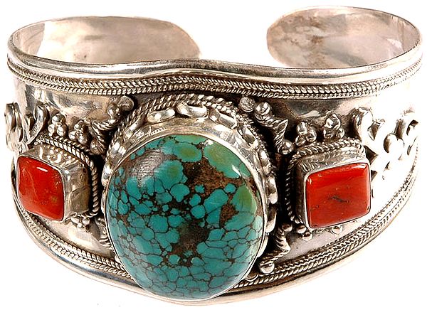 Spider's Web Turquoise Cuff Bangle with Coral