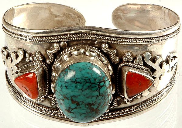 Spider's Web Turquoise Cuff Bangle with Twin Coral