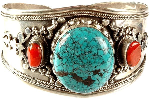 Spider's Web Turquoise Cuff Bangle with Twin Coral