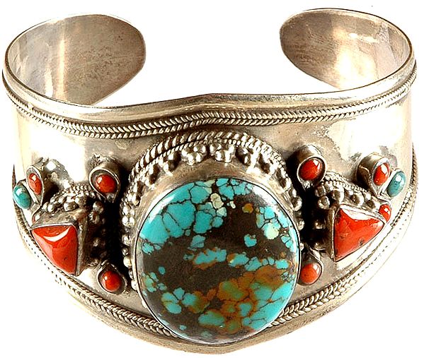 Spider's Web Turquoise Cuff Bracelet with Coral