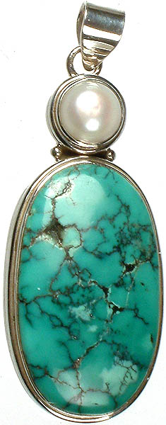 Spider's Web Turquoise Oval Pendant with Pearl