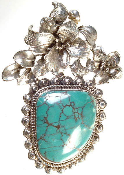 Spider's Web Turquoise Pendant with Blooming Flowers Bale
