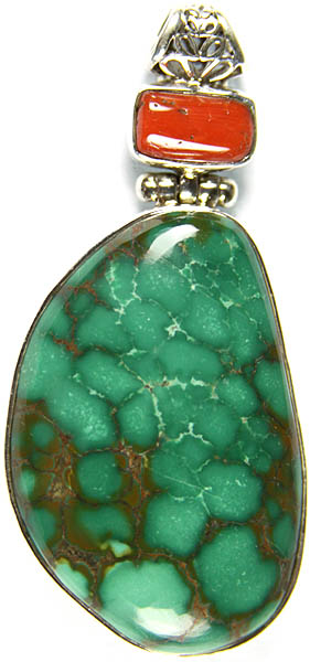 Spider's Web Turquoise Pendant with Coral