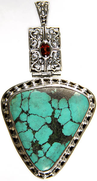 Spider's Web Turquoise Pendant with Faceted Garnet