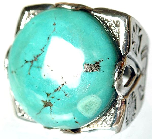 Spider's Web Turquoise Ring (Sides Engraved with Christian Symbols)