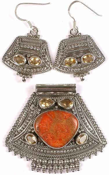 Sponge Coral & Faceted Citrine Pendant with Matching Earrings Set
