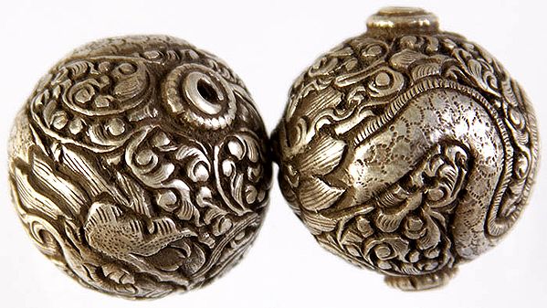 Superfine Handcarved Sterling Beads Engraved with Dragons and Buddhist Goodluck Symbols (Price Per Piece) - Made in Nepal