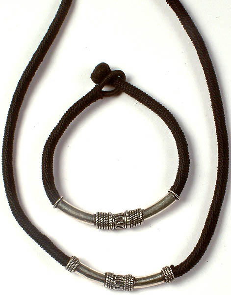 Sterling Filigree Necklace and Bracelet Set with Black Cord