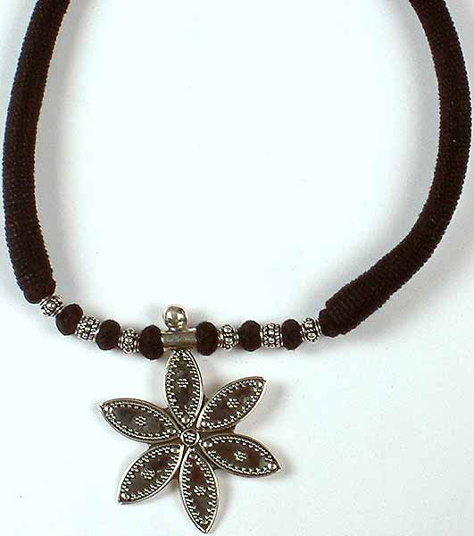 Sterling Flower Necklace with Black Cord