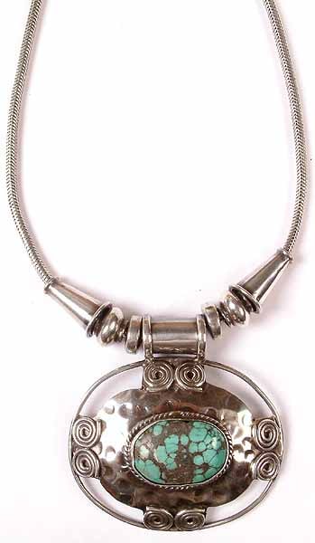 Sterling Necklace with Spider Web Turquoise Pendant
