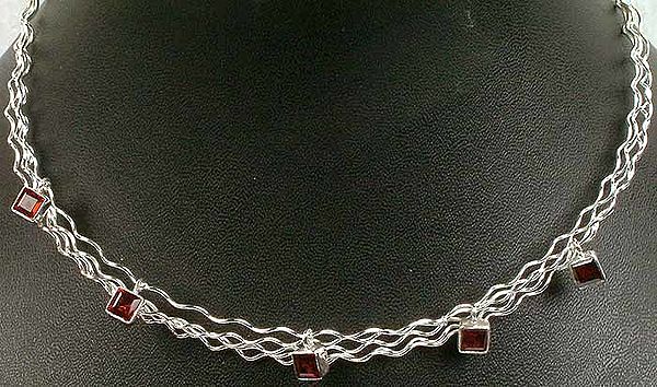 Sterling Wire Necklace with Faceted Garnet Dangles