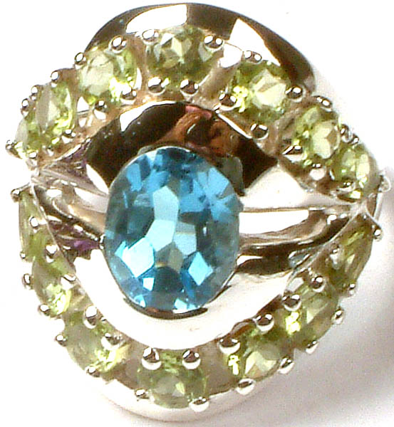 Superfine Cut Blue Topaz Ring with Peridot