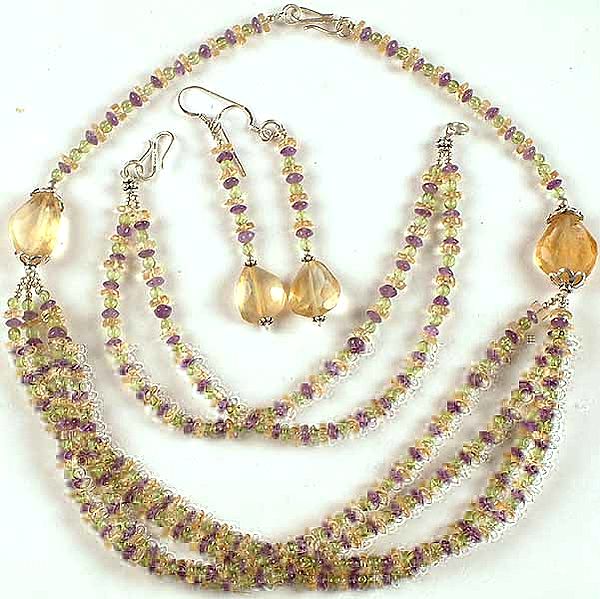 Superfine Gemstone Beaded Necklace With Matching Bracelet & Earrings Set