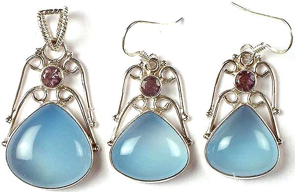 Tear Drop Blue Chalcedony Pendant & Earrings Set with Amethyst