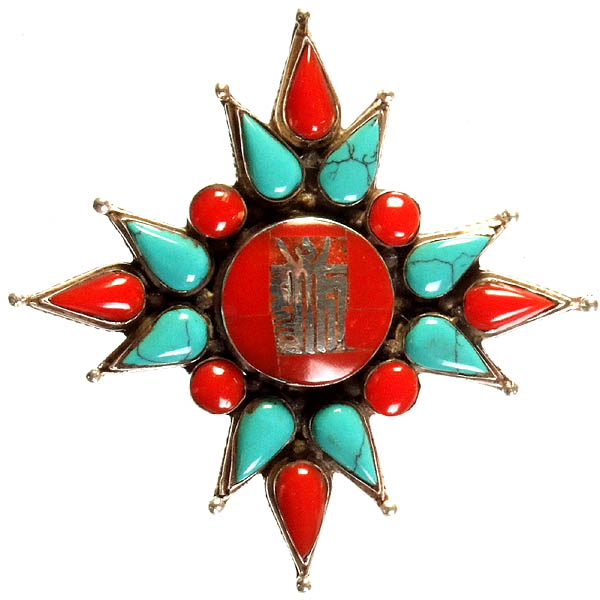 The Ten Powerful Syllables of The Kalachakra Mantra Gau Box Pendant with Coral and Turquoise
