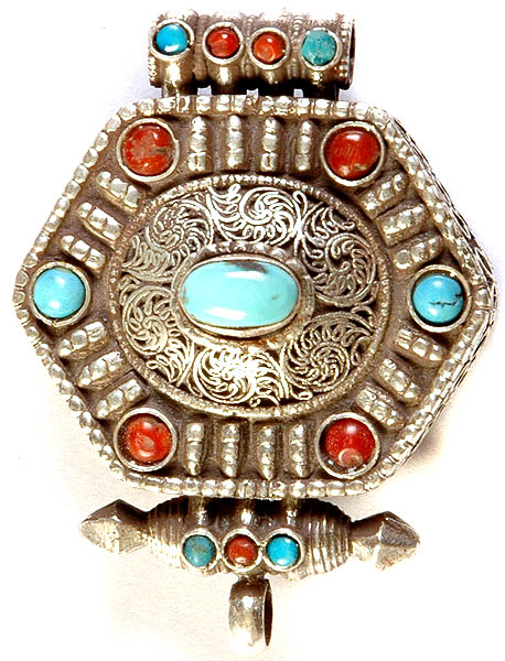 Tibetan Gau Box Filigree Pendant with Coral and Turquoise
