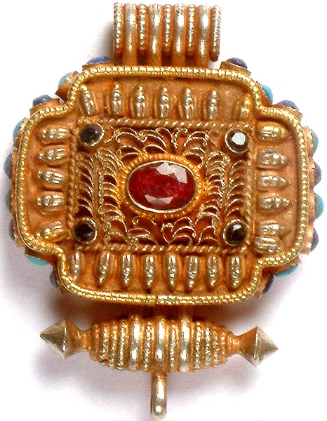 Tibetan Gau Box Gemstone Pendant (Ruby, Turquoise, Lapis Lazuli and Iolite)
