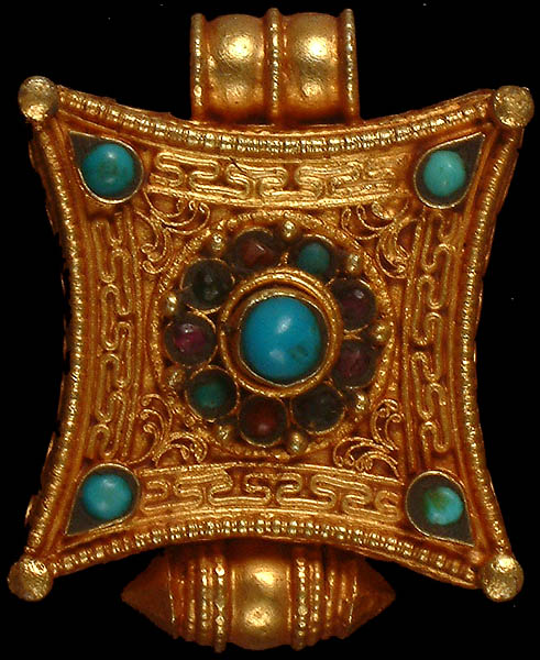Tibetan Gau Box Gold Plated Pendant with Coral and Turquoise
