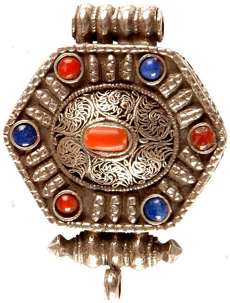 Tibetan Gau Box Pendant with Coral, Lapis Lazuli and Filigree