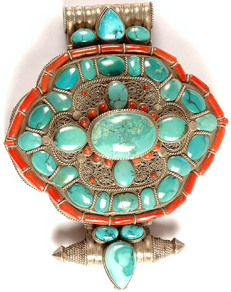Super Large Tibetan Gau Box Pendant with Coral Turquoise and Filigree  (A Combination of Form and Function)