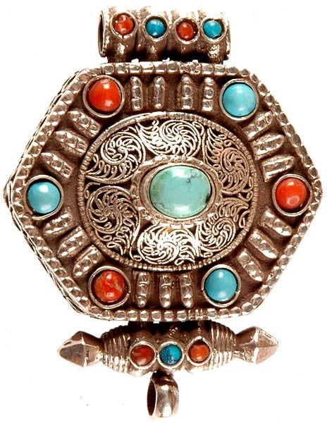 Tibetan Gau Box Pendant with Coral, Turquoise and Filigree