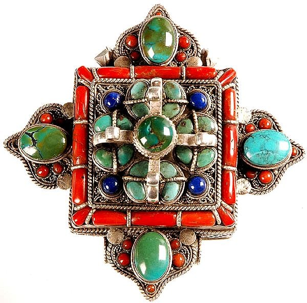 Tibetan Gau Box Pendant with Coral, Turquoise and Lapis Lazuli
