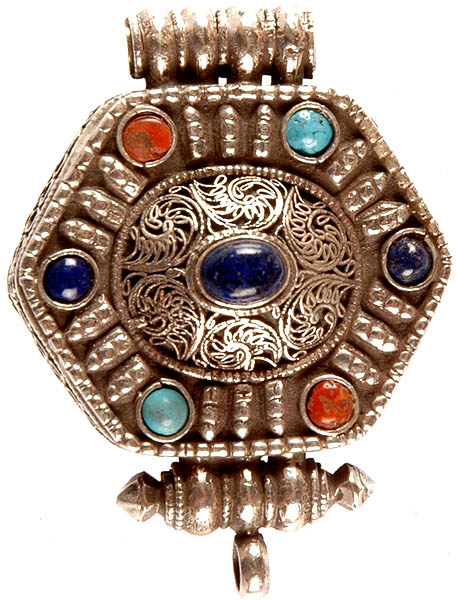 Tibetan Gau Box Pendant with Iolite, Turquoise, Coral and Filigree