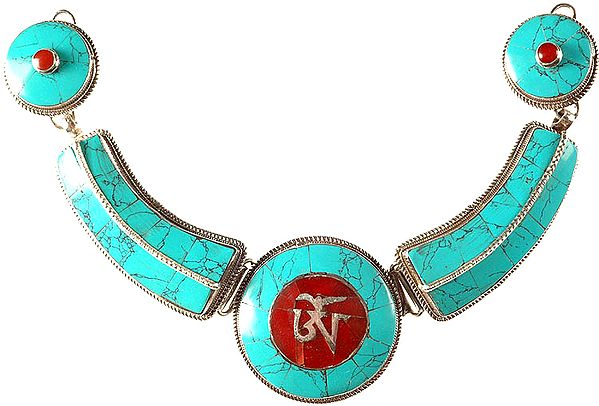 Tibetan Om (AUM) Inlay Necklace (Turquoise and Coral)