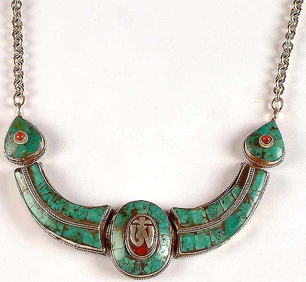 Tibetan Om (AUM) Necklace With Inlay Turquoise & Coral