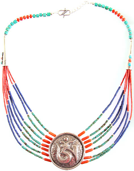 Tibetan Om Necklace with Coral, Lapis Lazuli and Turquoise