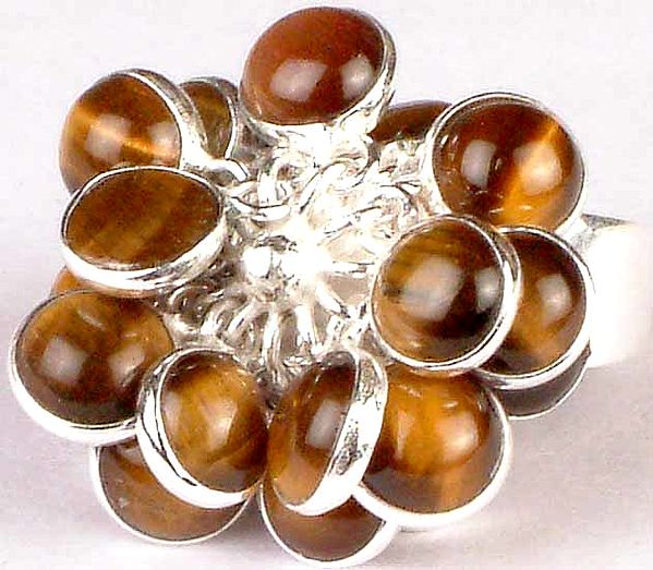 Tiger Eye Bunch Ring with Central Flower