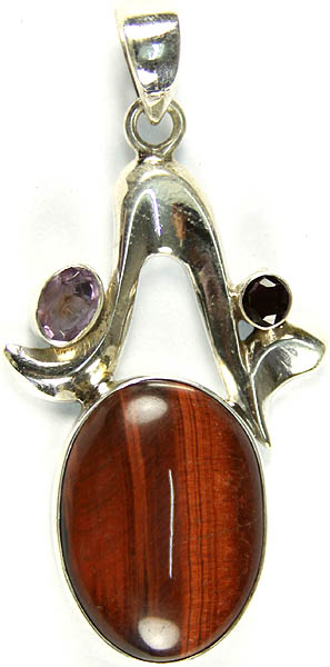 Tiger Eye Oval Pendant with Amethyst and Garnet