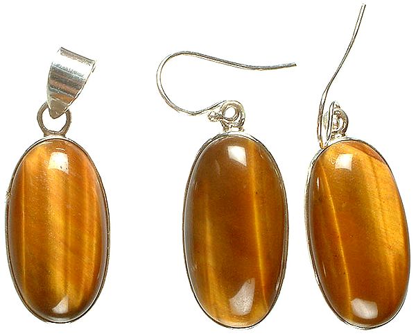 Tiger Eye Oval Pendant with Matching Earrings Set