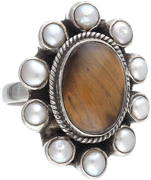 Tiger Eye Oval Ring with Pearl