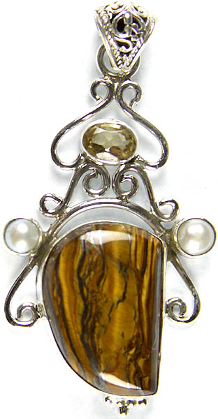 Tiger Eye Pendant with Faceted Lemon Topaz and Twin Pearl