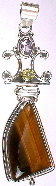 Tiger Eye Pendant with Peridot and Amethyst