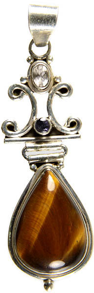 Tiger Eye Teardrop Pendant with Crystal and Iolite