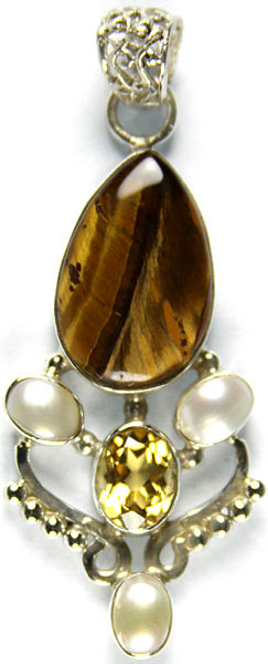 Tiger Eye Teardrop Pendant with Pearl and Citrine